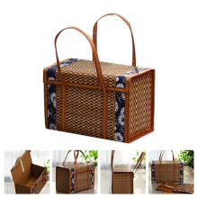 Picnic Woven Basket Wicker Storage Bag Handle Folded Fruit Shopping Food Handle Rattan Grass Foldable Bamboo Basket A