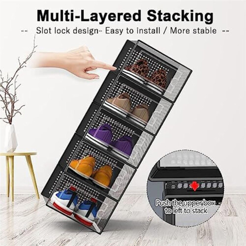Shoe Storage Box, Clear Transparent Shoe Storage Boxes Hard Plastic Stackable Organiser Containers Bins Black 2