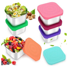 Stainless Steel Snack Containers, 6Oz 304 Stainless Steel Metal Sauce Food Storage Box Containers with Silicone Lids