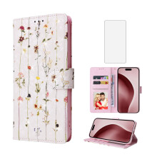 Wallet Case with Strap Flower Card Holder Flip Cover with Screen Protector for iPhone 16 Pro