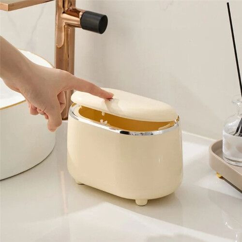 Press-Type Desktop Small Trash Can with Lid,Small Storage Bucket Tiny Desktop Waste Garbage Bin,White 1