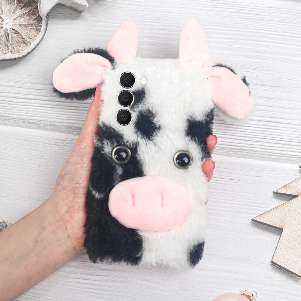 Furry Case Plush Cow Design Cute Fluffy Protective Cover Compatible With Galaxy S25 Plus For Women Black 9092120827408