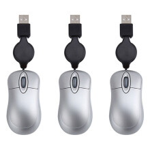 3X USB Wired Mouse Retractable Cable Tiny Small Mouse 1600 DPI Optical Compact Travel Mice (Silver)