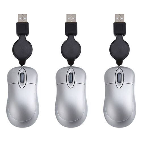 3X  USB Wired Mouse Retractable Cable Tiny Small Mouse 1600 DPI Optical Compact Travel Mice (Silver)