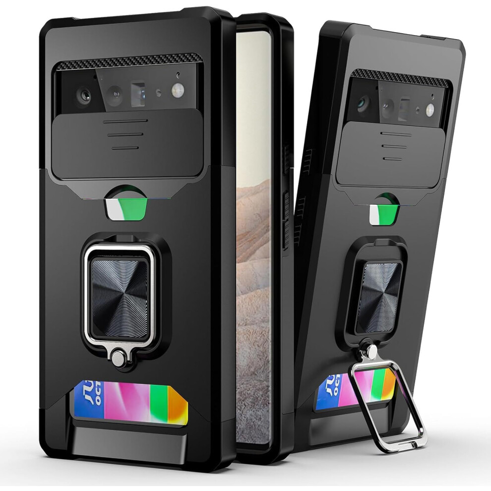 Heavy Duty Case With Sliding Camera Cover, Card Slot And Magnetic Ring Holder For Google Pixel 9 Pro Xl Black 9092120828511
