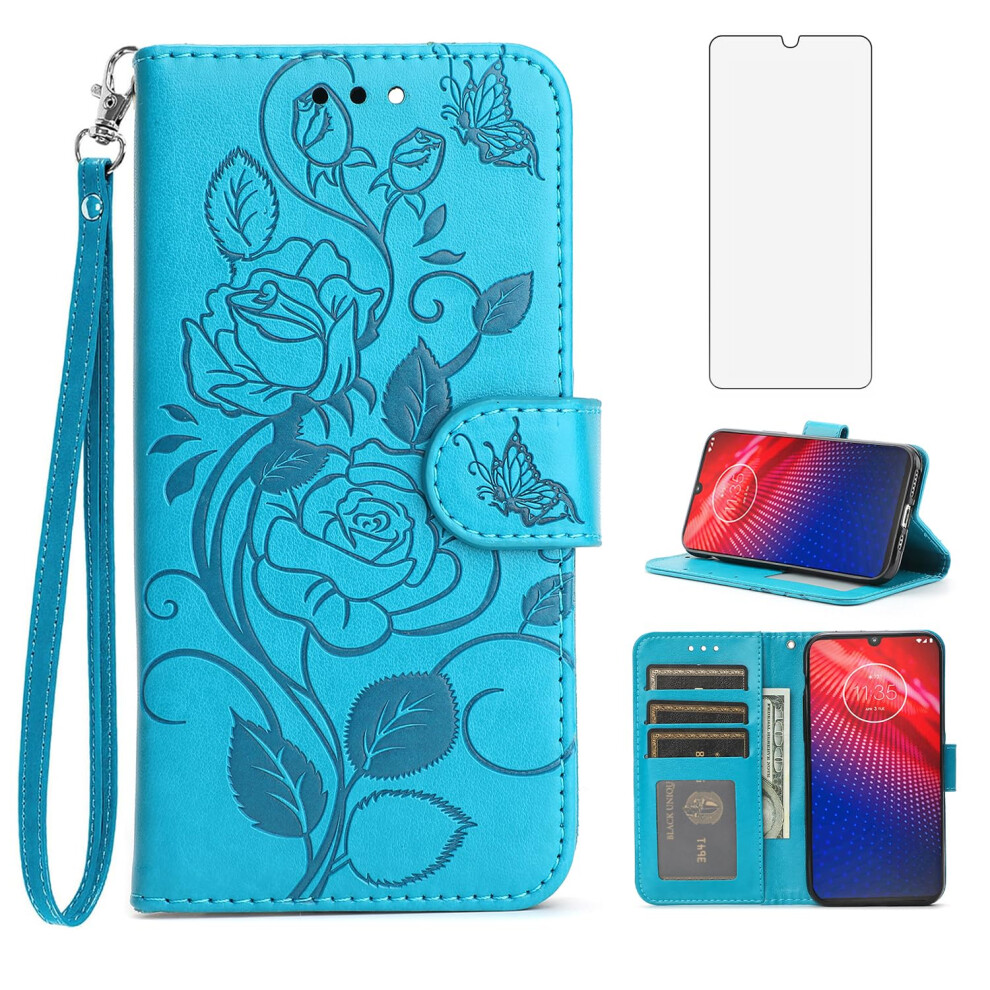 Wallet Case With Screen Protector, Card Holder, Kickstand And Wrist Strap, For Moto Z4 Blue 9092120830026