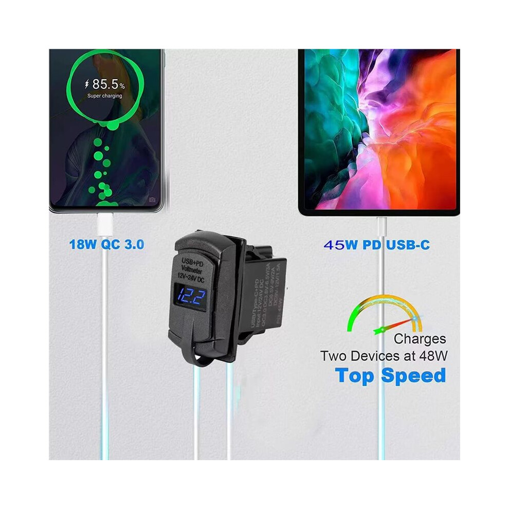 Car Rocker Outlet,36W Qc3.0 Usb-A & 55W Pd Usb-C Charger Socket With Led Voltmeter For 12V/24V Rv Boat Motorcycle 4713332860940