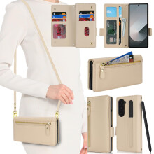 PU Leather Wallet Case with S Pen Holder, Card Slots, Strap, Zipper Pocket for Samsung Galaxy Z Fold 6