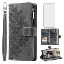 Leather Wallet Case with Screen Protector, Card Holder, Zipper and Wrist Strap for Samsung Galaxy S25 Ultra