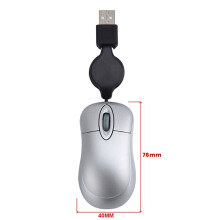 3X  USB Wired Mouse Retractable Cable Tiny Small Mouse 1600 DPI Optical Compact Travel Mice (Silver)