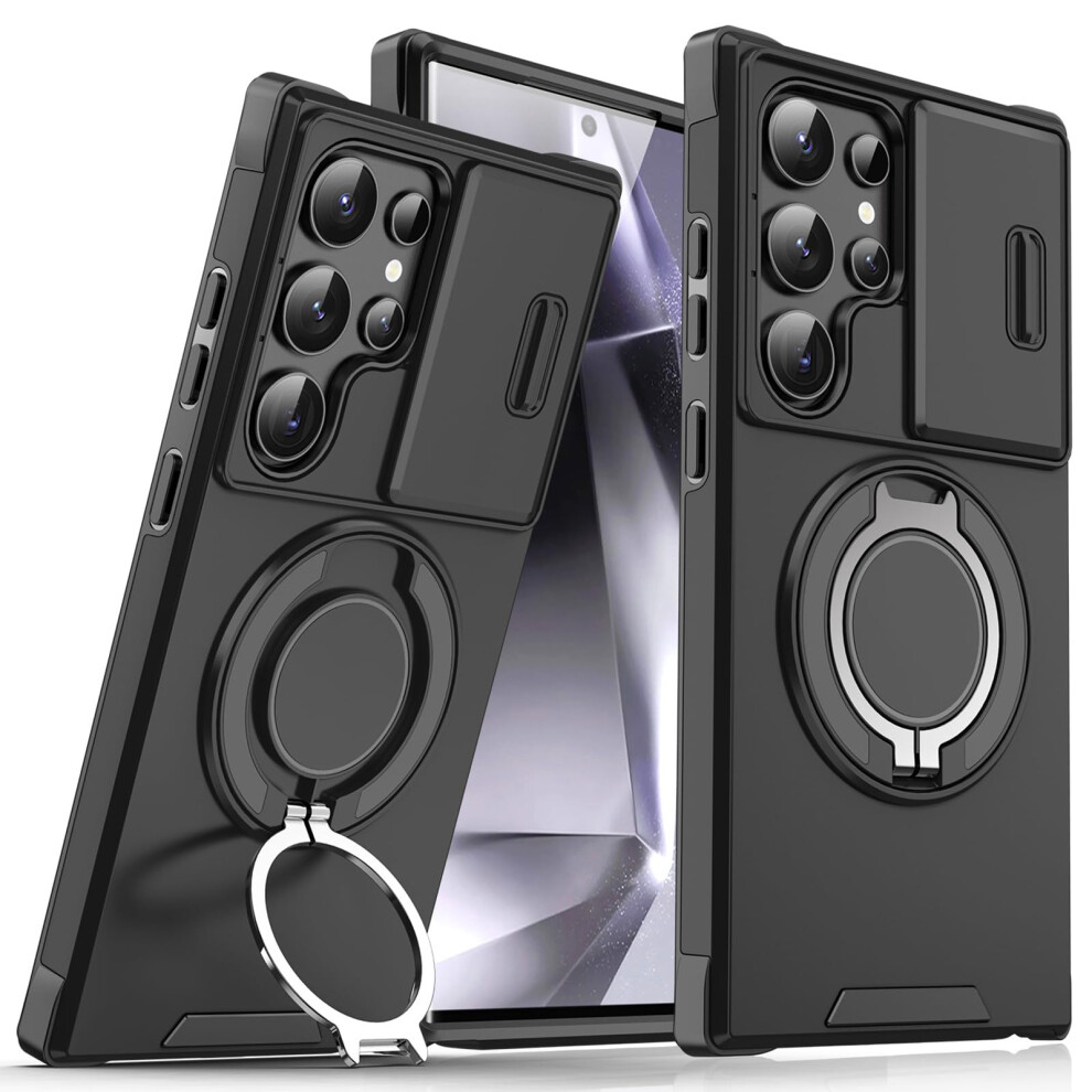 Magnetic Ring Holder Shockproof Case With Camera Lens Cover For Samsung S25 Ultra Black 9092120831986