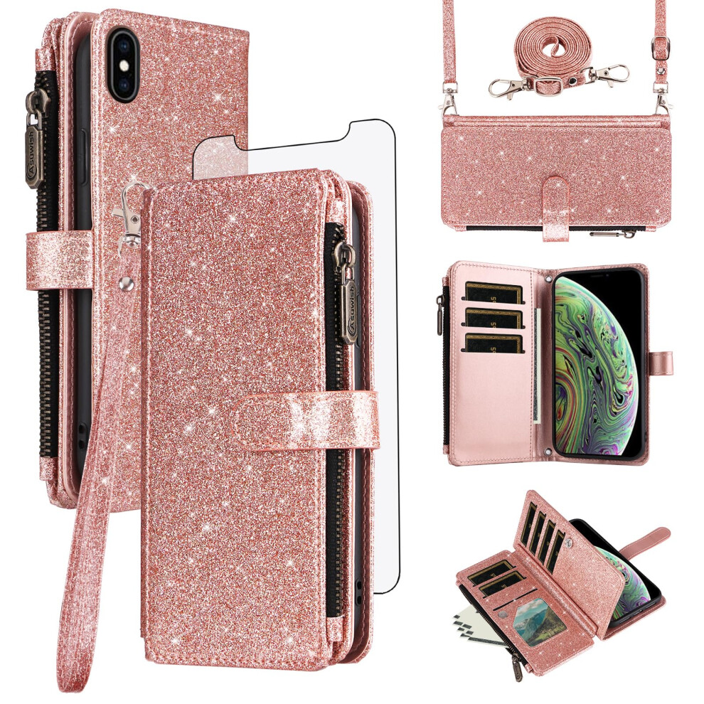 Wallet Case Rose With Card Holder Zipper Flip And Tempered Glass Screen Protector For Iphone Xs Max Gold 9771547089711