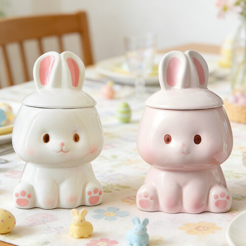 Rabbit Designs Ceramic Cup 350ml Coffee Mug With Lid For-Pink 2
