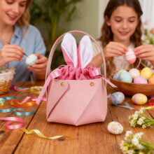 Easter Gift Bag – Bunny Ear Leather Hand Bucket for Kids’ Egg Hunt, Portable Drawstring PU Candy Bag, Party Decoration Accessory, Compatible with