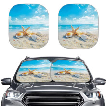 Foldable 2 Piece Car Windshield Sun Shade for Front Window, UV Reflective Heat Blocker with Beach Starfish Design