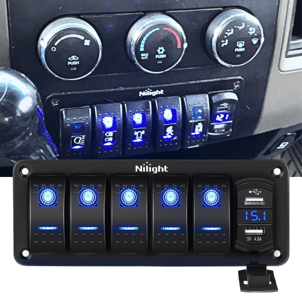 5-Gang Rocker Switch Panel W/ 4.8A Dual Usb, Voltmeter, Waterproof, 12V/24V Dc, Night-Glow Labels Â Compatible With Car, Truck, Boat, Rv, Motorhome 9365509635100
