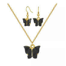 Set Earrings Necklace Hook Stainless Steel Lobster Butterfly Gold 17.7" Z747-Black