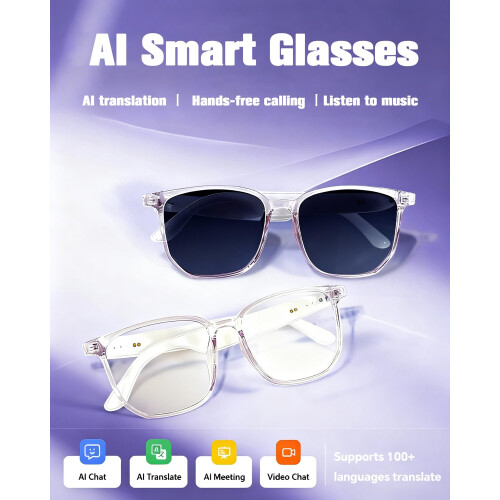 Bluetooth Smart Glasses with Speakers, Interchangeable Lenses, Whiteclear for iPhone and Android 1