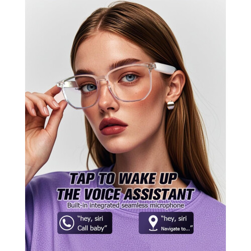Bluetooth Smart Glasses with Speakers, Interchangeable Lenses, Whiteclear for iPhone and Android 2