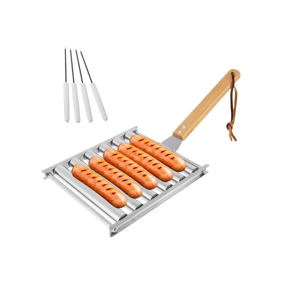Hot Dog Roller, Stainless Steel Sausage Roller Rack With Wood Handle, Bbq Hot Dog Griller For Evenly Cooked Hot Dog 4713147260072