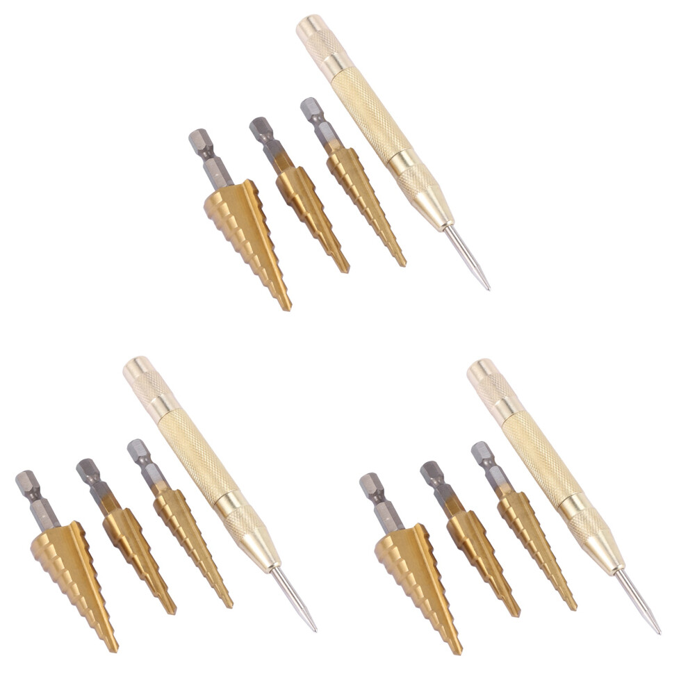 9 Pcs Hss Titanium Step Drill Bit Set & 3 Pcs Automatic Center Punch 4711253255401