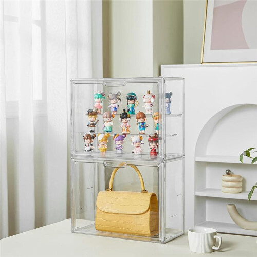 Clear Acrylic Display Case 3 Tier Display Shelf, Stackable Protection Showcase with Magnetic Door for Action Figures 1