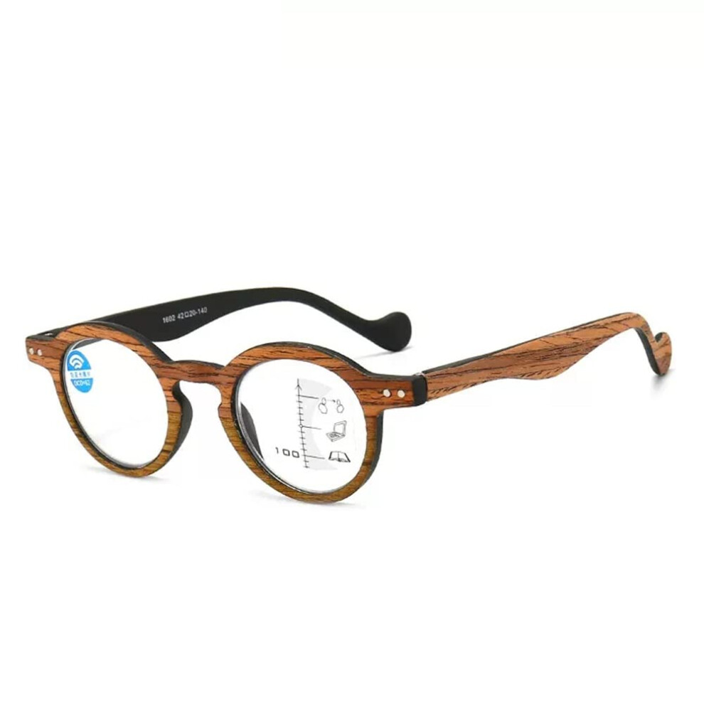 Brown Round Reading Glasses +3.00 Blue Light Blocking Progressive Multifocus Retro Wood Grain