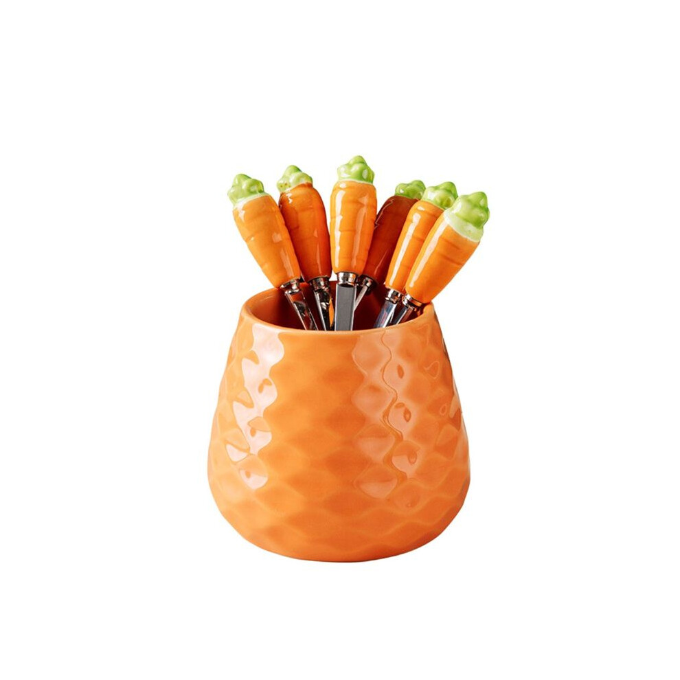 Tauoh Cute Ceramic Jar Fruit Fork Set 304 Stainless Steel Cake Fork Home Party Dessert Fork Cute Storage Jar Child Tableware A