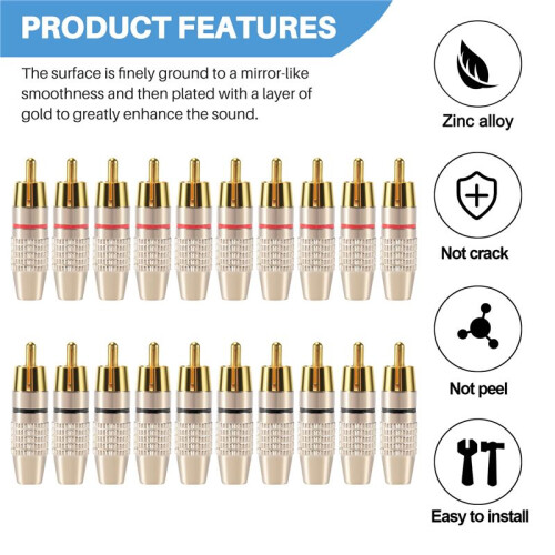 20 Pcs RCA Plug Audio Video Locking Cable Connector Gold Plated 2