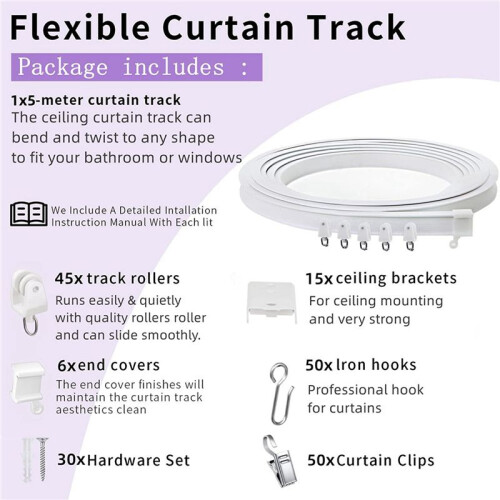 2X Flexible Bendable Ceiling Curtain Track, Ceiling Mount for Curtain Rail, Room Divider Ceiling Track 9.8FT