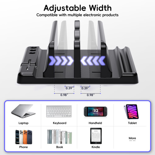 Vertical Laptop Stand Adjustable Width 6in1 Organizer SpaceSaving Dock for MacBook Tablet Black 1