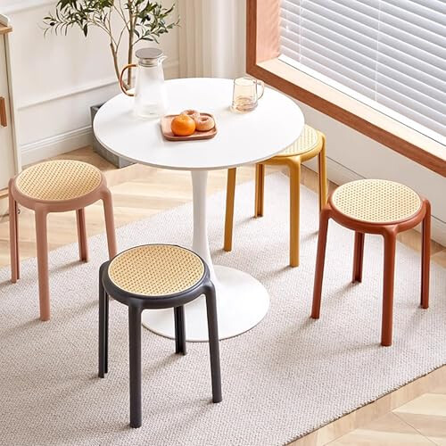 Plastic Stacking Stools Set of 2, Rattan Style Stackable Kitchen Stools for Dining Classroom, Compact Space Saving Design 1