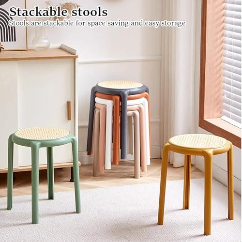 Plastic Stacking Stools Set of 2, Rattan Style Stackable Kitchen Stools for Dining Classroom, Compact Space Saving Design 2