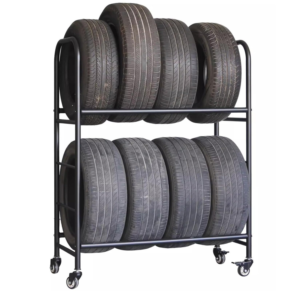 Heavy Duty Adjustable Twolayer Garage Tire Rack With 360 Lockable Casters, Metal Shelf For Workshop Storage 9771547104971