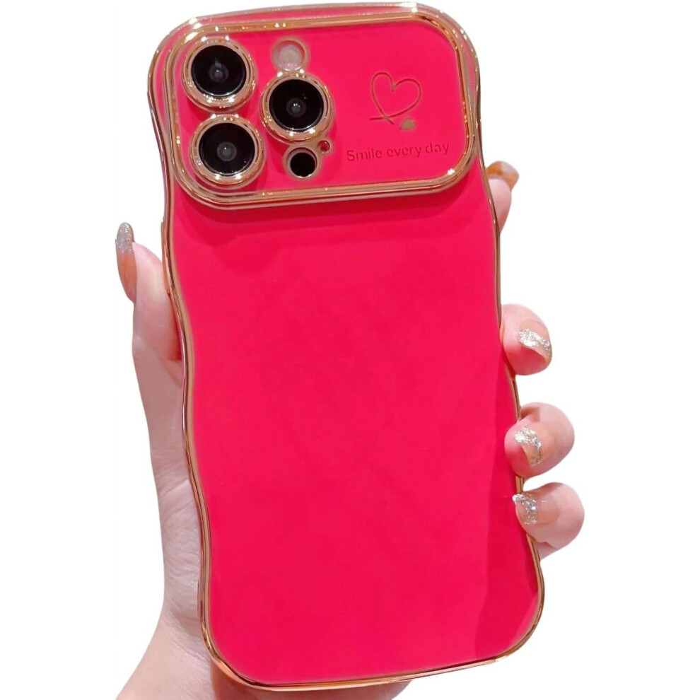 Cute Wave Frame Curly Love Heart Case For Iphone 15 Pro Max Â Raised Camera, Shockproof, Luxury Plating, Hot Pink 9365509643815