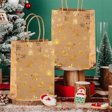 10Pcs Gold Snowflake Tote Bags, Kraft Flat-Bottom Xmas Gift Bags (21x15x8cm), Reusable Holiday Packaging – Compatible with Christmas Tree Decor
