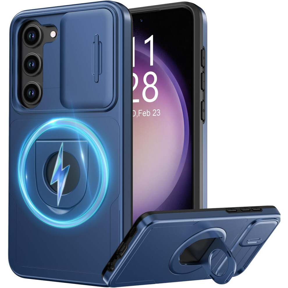 Samsung Galaxy S24 Case With Sliding Lens Cover, Wireless Charging & Magnetic Kickstand, Shockproof, 6.1", Blue 9365509644317