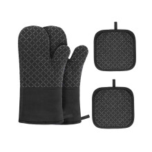 4 Pcs Black Silicone Oven Mitts & Pot Holders, Heat Resistant to 500F, Non-Slip, Durable, for Baking/Grilling – Compatible with Microwave