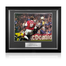 Dennis Bergkamp Signed Arsenal Football Photo: Hat-Trick vs Leicester. Deluxe Frame