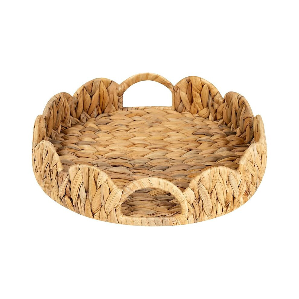 Tauoh Scalloped Round Tray, Round Serving Tray With Built-In Handles, Decoratve Tray For Coffee Table, Rattan Tray