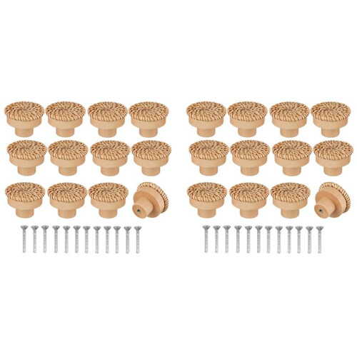 Boho Rattan Dresser Knobs Round Wooden Drawer Knobs Handmade Wicker Woven and Screws for Boho Furniture Knobs 24Pcs