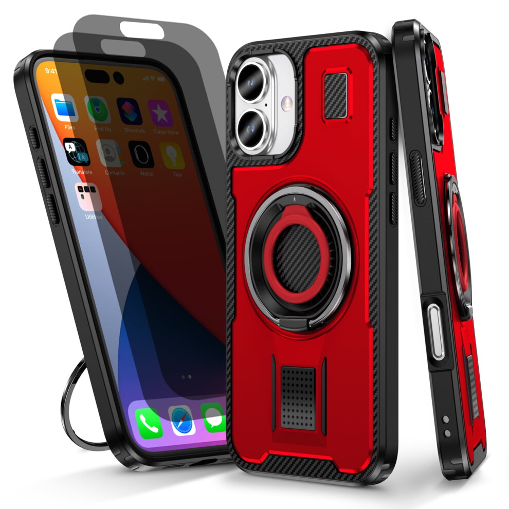 Iphone 16 Case With 2-Pack Privacy Screen Protectors Â Heavy-Duty, Shockproof, Anti-Fingerprint, Rugged Cover With 360 Rotatable Ring Stand (Red) Red 9365509648223