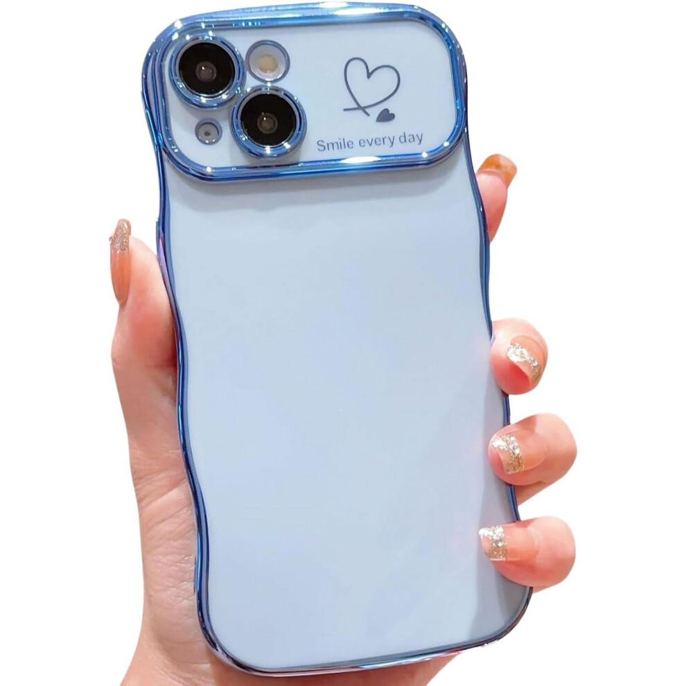 Cute Wave Frame Iphone 15 Case For WomenâCurly Shape, Love Heart, Raised Camera, Shockproof, Luxury Plating, Compatible With Iphone 15 (Sierra ) Blue 9365509651261