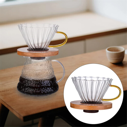 Spacious Glass Coffee Dripper with Wood Base and-yellow handle 1