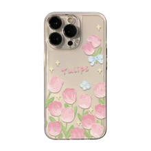 Clear Case for iPhone 14 Pro with Tulip Flower Design, Soft Silicone Shockproof Cover, Camera Lens Guard