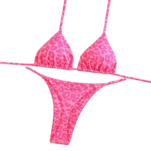 Dames bloemenprint driehoekig stringbadpak-roze luipaard L