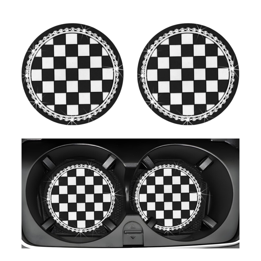 2Pcs Checkerboard Car Cup Holder Coasters, Antislip Waterproof Inserts For Universal Cars Black/White 9330225077657
