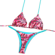 Women Floral Print Triangular String Swimsuit Two-pink leaves S