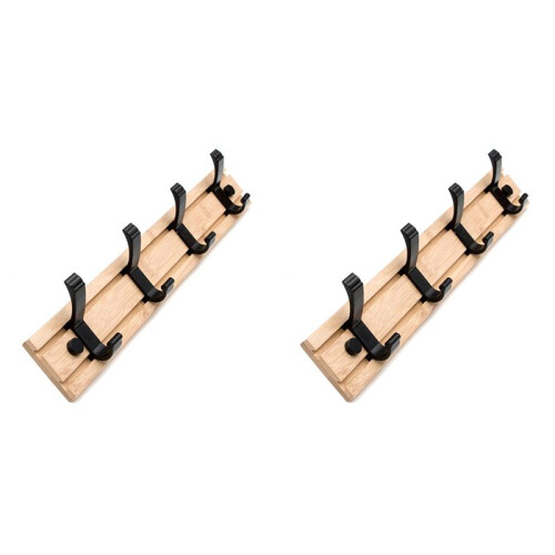 2X Coat Rack Wall Mount Coat Hooks - Wooden Black Coat Rack with 4 Hooks Wall Hooks