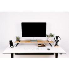 Wooden Dual Monitor Stand with Ergonomic Tilted Surface and Builtin Wrist Rest for Home Office Desk (Brown Oak)